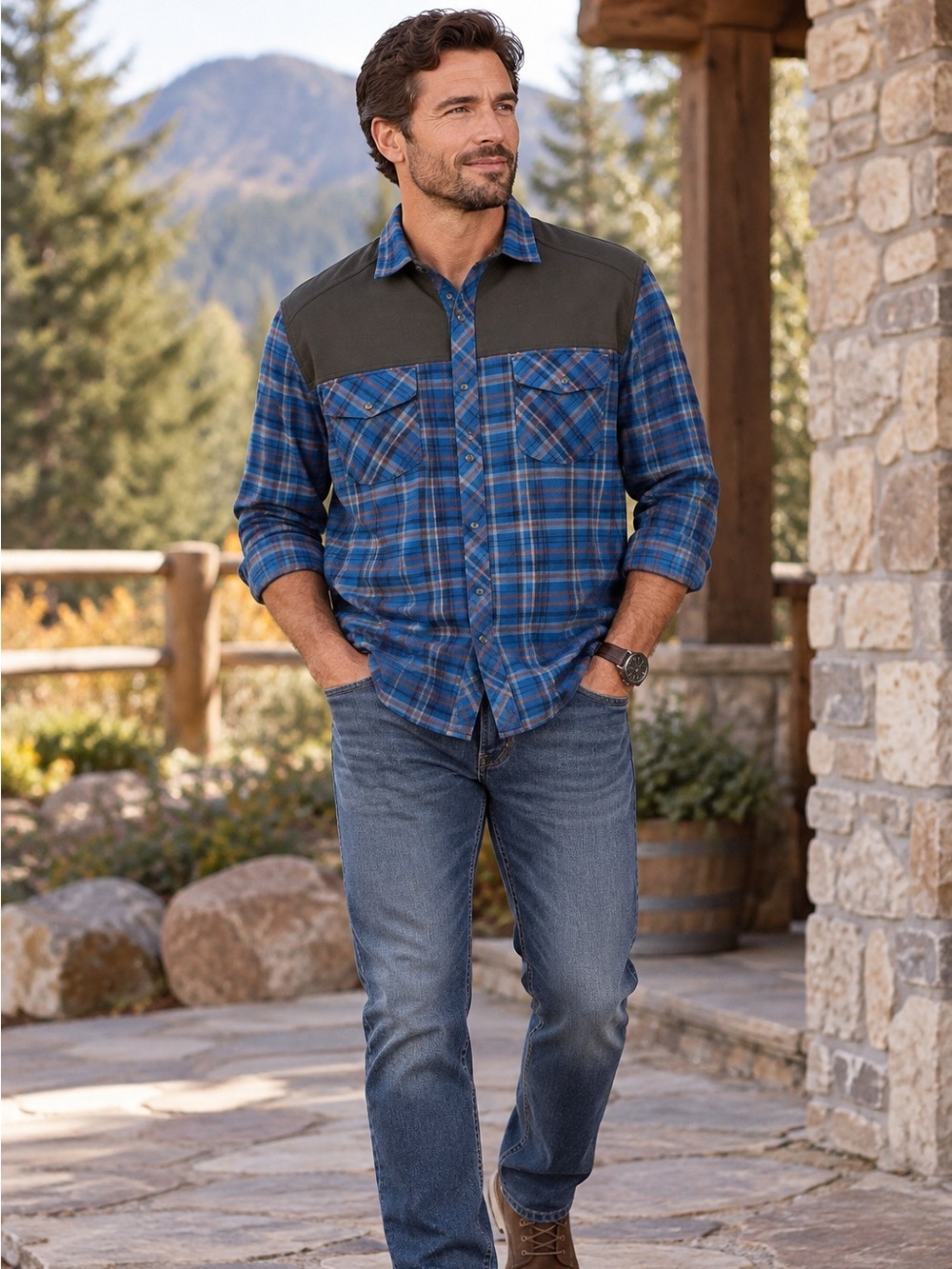REI Men's Blue Gray Plaid Snap Button Down Shirt Shacket Jacket L